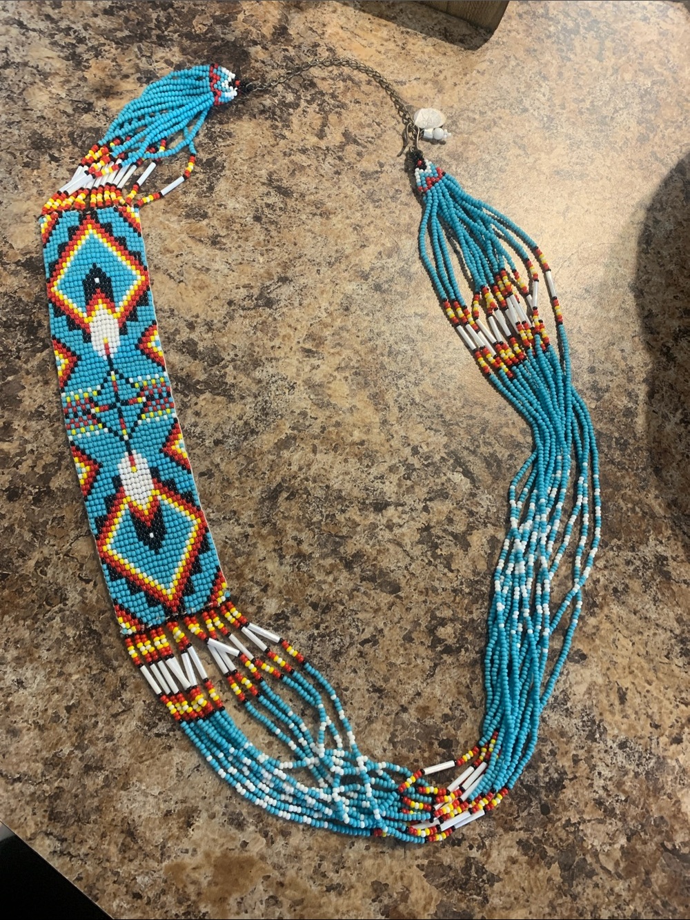 Turquoise Multistrand Seed Bead Necklace with Native-Inspired Panel